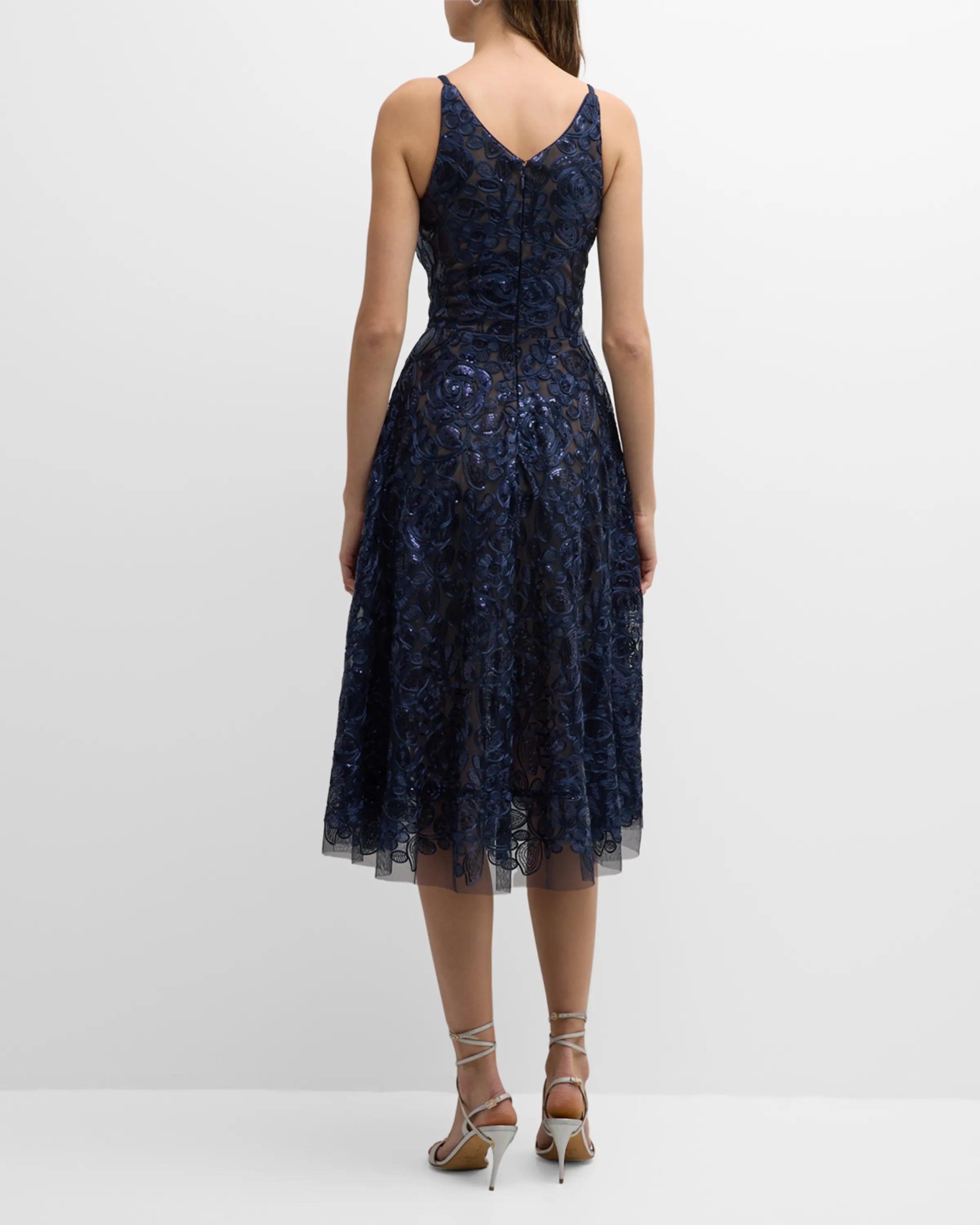 Elegant V-neck sleeveless off shoulder sequin embroidered mid length prom dress